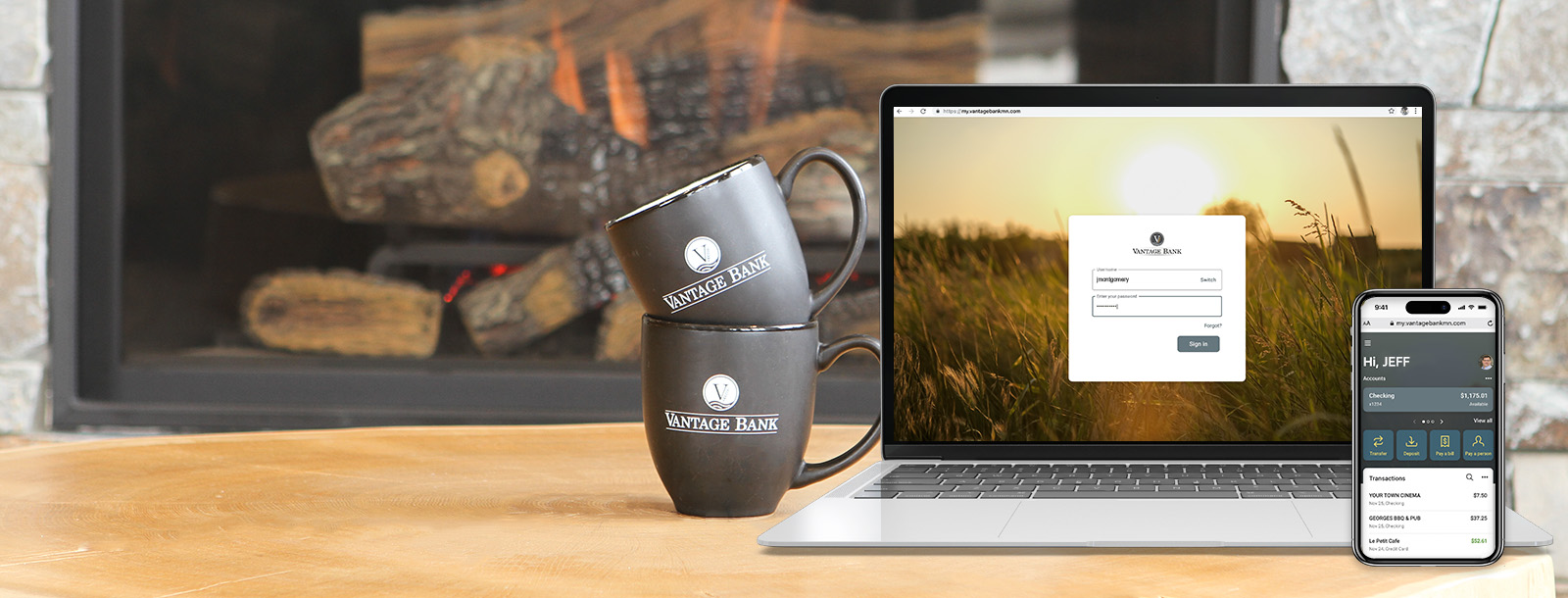 Image of Vantage Banks coffee mugs, online banking login on laptop, and mobile app on cell phone.