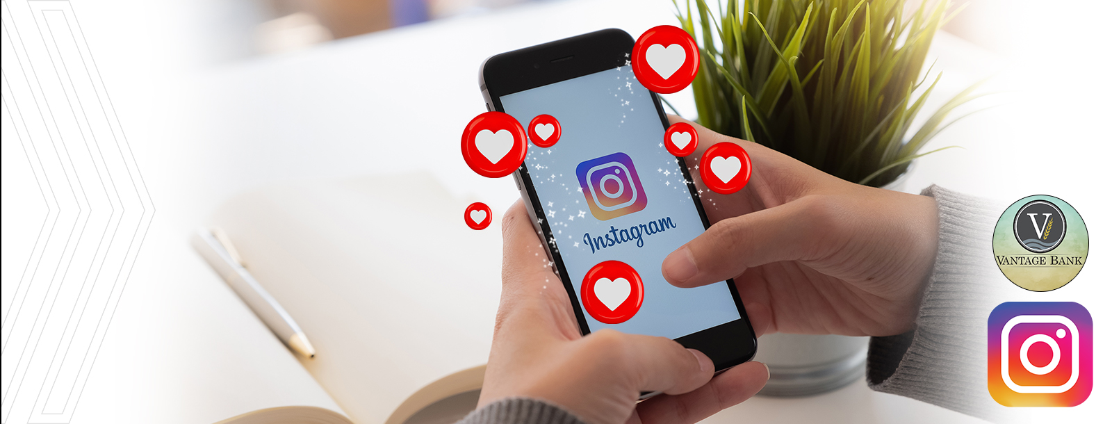 Person holding phone with Instagram on the screen and hearts floating around it.