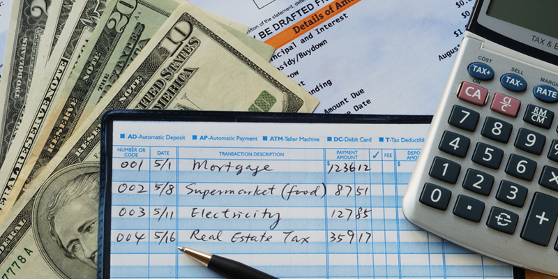 Collage image of cash, check register, calculator, and invoice